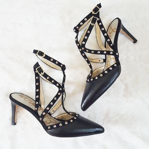 SAM EDELMAN Ocie Black Leather Studded Heels